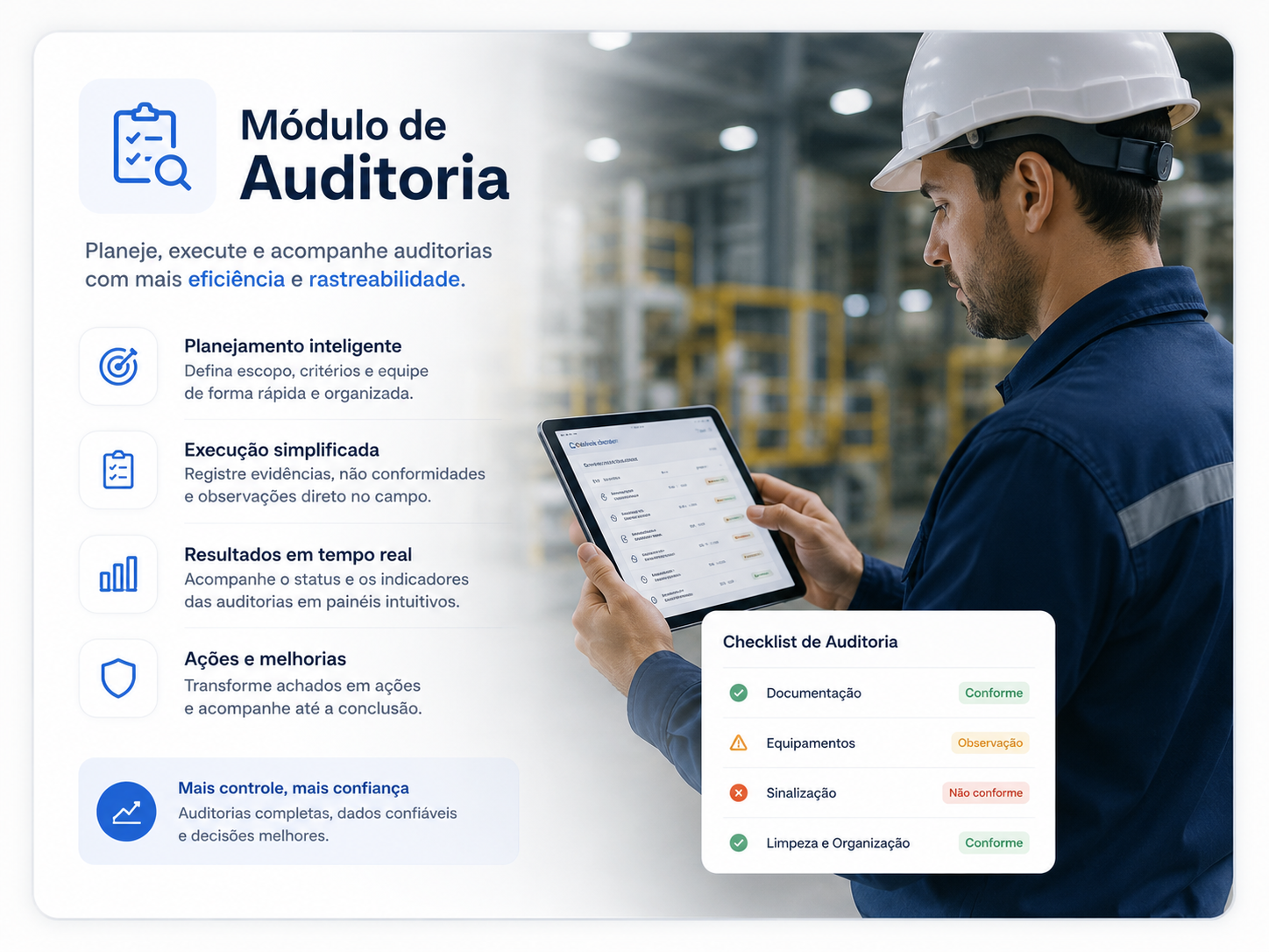 Módulo de Auditoria do CQHub: profissional em campo utilizando checklist digital em tablet